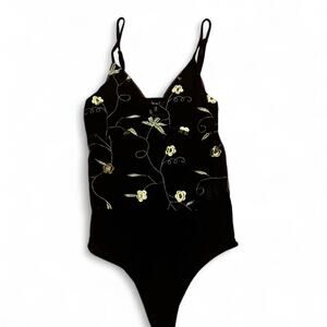 Sheer mesh black embroidered bodysuit